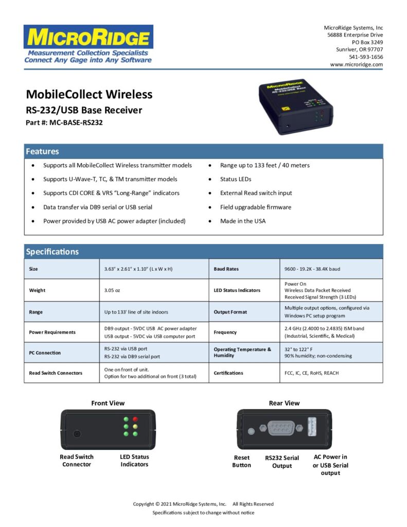RS-232 USB Base Spec Sheet