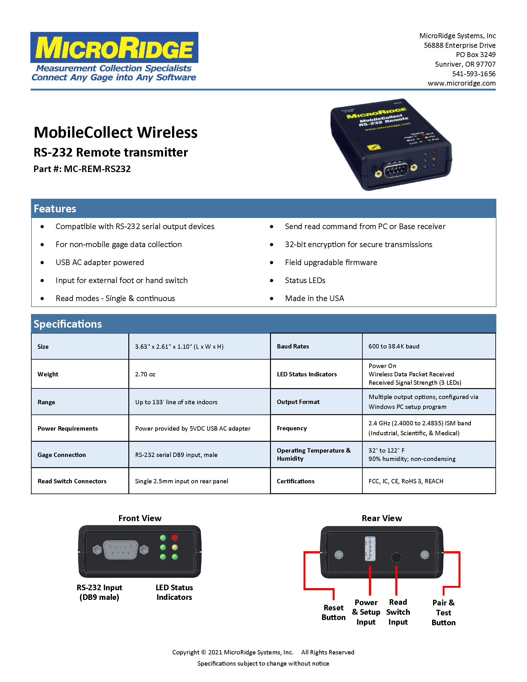 RS-232 Remote Spec Sheet